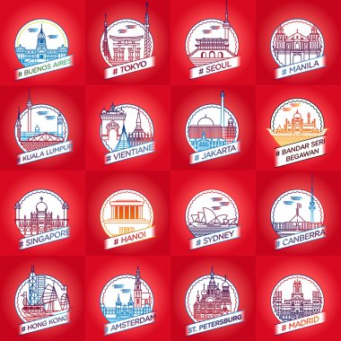 vector line city badge set, buenos aires, tokyo, seoul, manila,  clipart