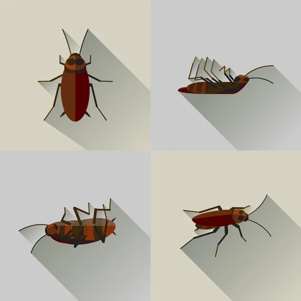 Vector Long Shadow Dead Cockroach Set Bug Insect — Stock Vector