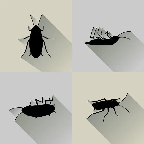 Vector Long Shadow Dead Cockroach Silhouette Set — Stock Vector