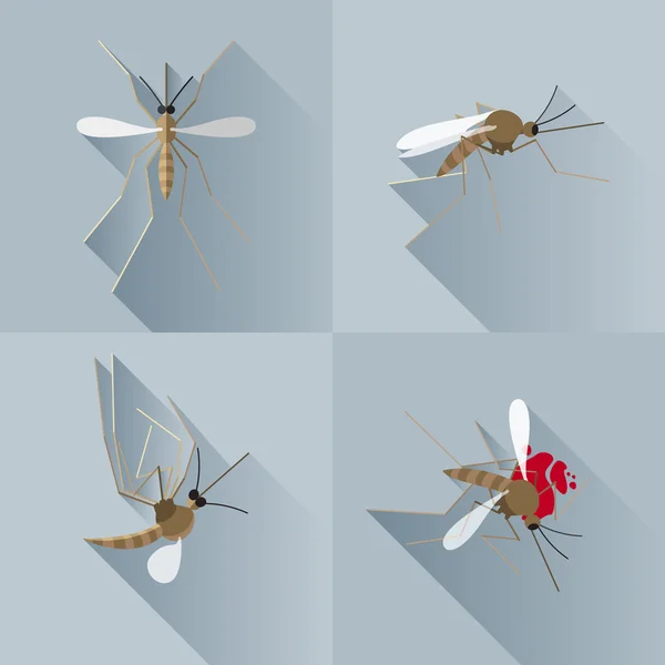 Vector Long Shadow Mosquito Dead Silhouette Set — Stock Vector