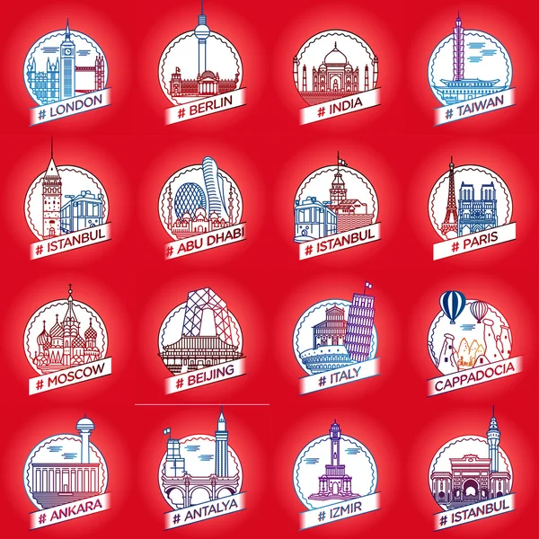 Vector line city and country historical building badge set — Stock Vector