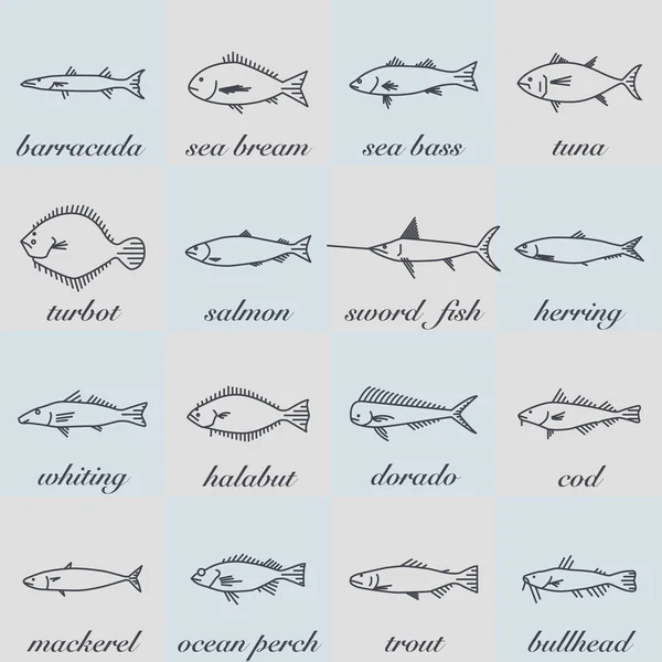 Vector de sal y agua dulce línea de peces conjunto de ilustración — Archivo Imágenes Vectoriales