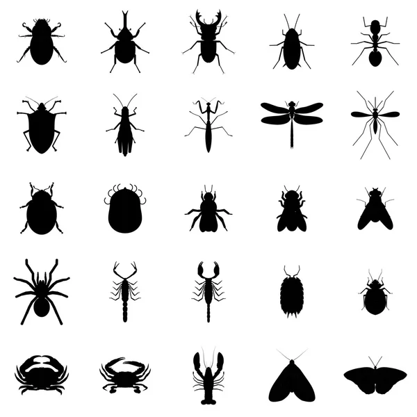 Vector 25 Black Silhouette Bug Insect Set — Stock Vector