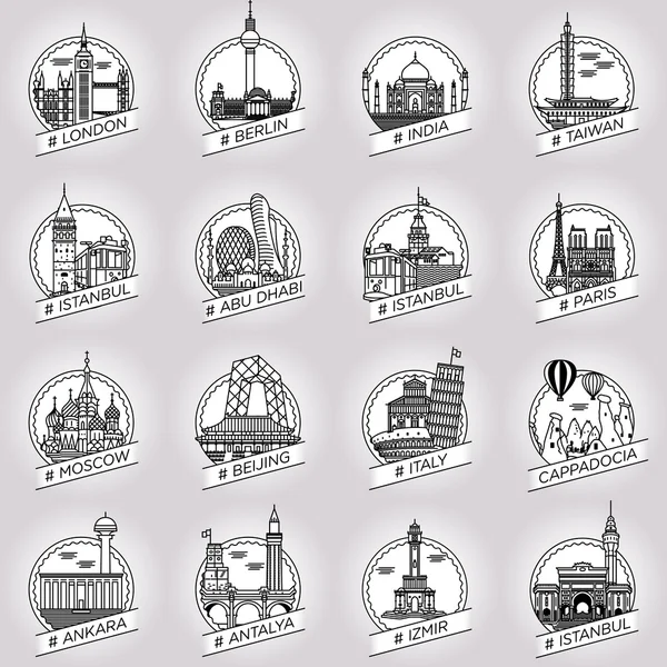 Ligne vectorielle ville et pays historique bâtiment badge ensemble — Image vectorielle