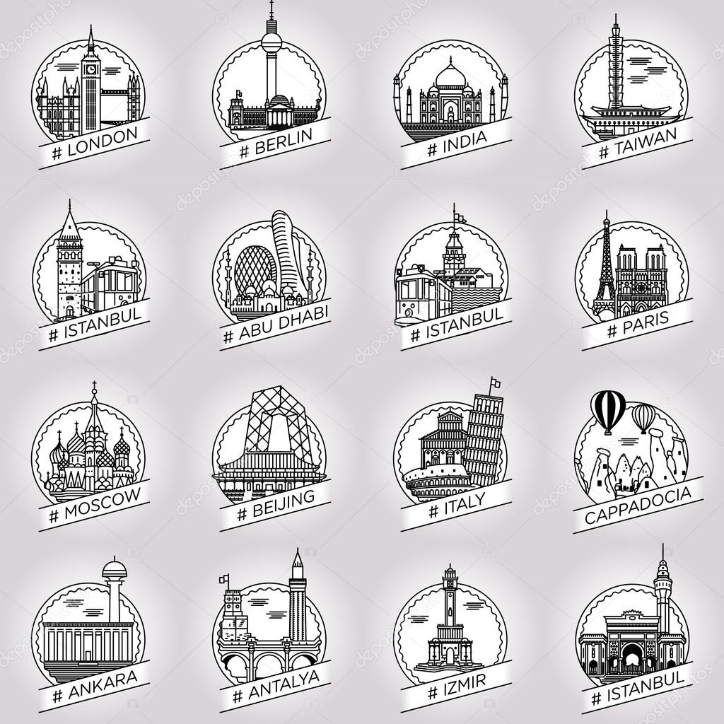 vector line city and country historical building badge set