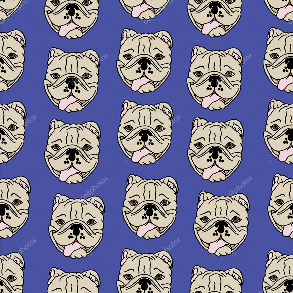 Bulldog icon.Bulldog. Seamless doodle vintage pattern with a bulldog. Stylish hipster pattern. Pattern with the French Bulldog. Background with bulldog. French Bulldog retro. Dog on a blue background.