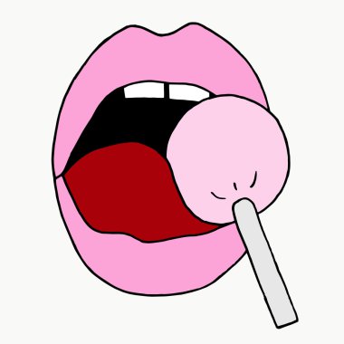 Lips on a white background. The candy in his mouth. Open mouth with tongue. Candy lips. Mouth teeth. Mouth icon. Mouth open. Mouth logo. Lips art. Lips poster. Lips card. Lips icon. Lips logo.Lips art clipart
