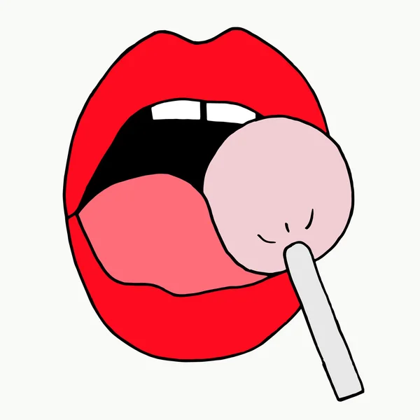 Lips on a white background. The candy in his mouth. Open mouth with tongue. Candy lips. Mouth teeth. Mouth icon. Mouth open. Mouth logo. Lips art. Lips poster. Lips card. Lips icon. Lips logo.Lips art — Stock Vector