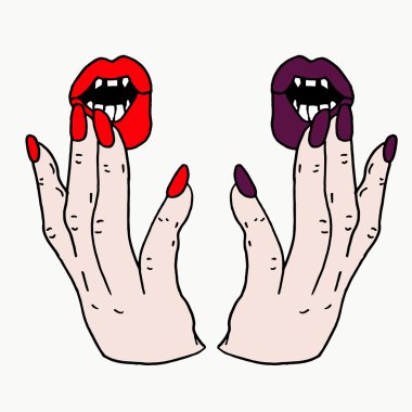Beyaz arka planda sivri dişleri olan dudaklar. Cadılar Bayramı korku onu dişleri baring seksi dudakları ile bir kadın vampir açık ağız Karikatür illüstrasyon. Cadılar Bayramı vampiri. Vampir dudakları. Vampir dudakları.
