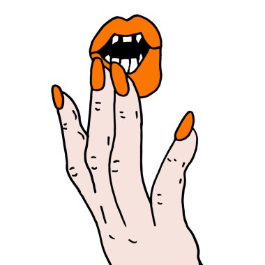 Beyaz arka planda sivri dişleri olan dudaklar. Cadılar Bayramı korku onu dişleri baring seksi dudakları ile bir kadın vampir açık ağız Karikatür illüstrasyon. Cadılar Bayramı vampiri. Vampir dudakları. Vampir dudakları.