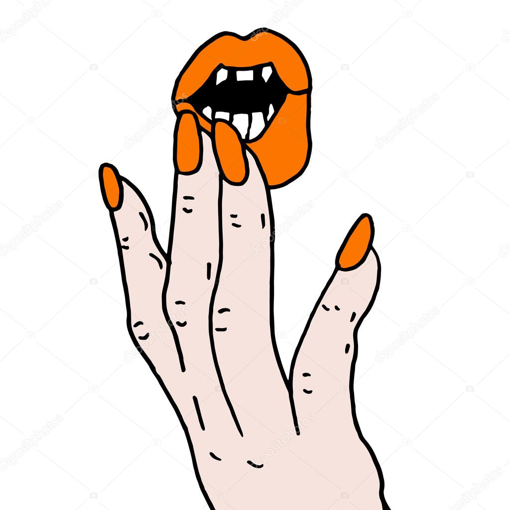 Lips with fangs on white background. Cartoon illustration of the open mouth of a female vampire with sexy lips baring her fangs in Halloween horror. Halloween vampire. Vampire lips. Lips of vampire.