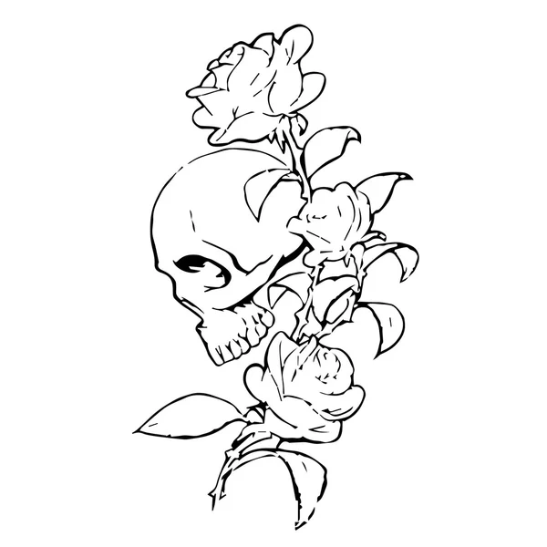 Crâne avec des roses sur fond blanc. Icône crâne. Logo du crâne. L'art du crâne. Carte crâne. Affiche crâne. Crânes de bande dessinée. Crâne vecteur. Illustration du crâne. Tatouage du crâne. Crâne rose. Tatouage rose crâne. — Image vectorielle