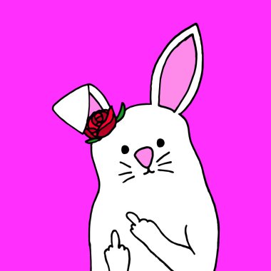 Rabbit on pink background. Fuck You icon. Fuck You logo. Fuck You art. Fuck logo. Fuck icon. Fuck art. Middle finger. Rabbit shows middle finger. Rabbit shows Fuck You. Cute rabbit cartoon. Rabbit.