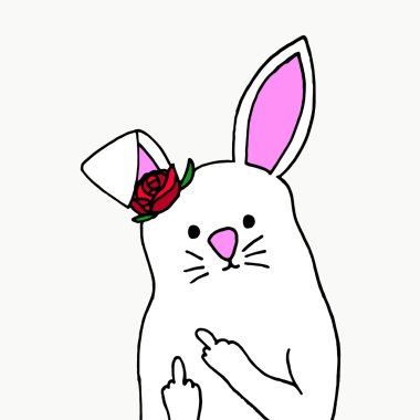Rabbit on a white background. Fuck You icon. Fuck You logo. Fuck You art. Fuck logo. Fuck icon. Fuck art. Middle finger. Rabbit shows middle finger. Rabbit shows Fuck You. Cute rabbit cartoon. Rabbit.