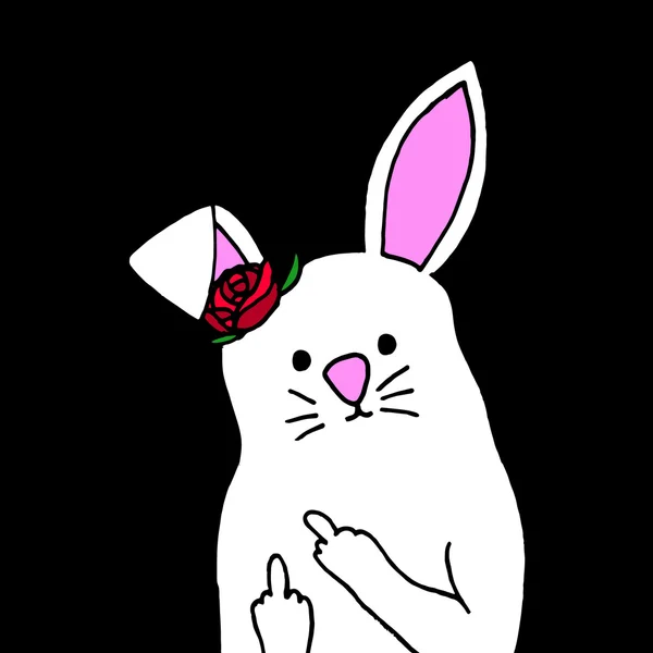 Kaninchen auf schwarzem Hintergrund. fuck you icon. fuck you logo. fuck you art. Scheiß-Logo. Scheiß-Symbol. Scheißkunst. Mittelfinger. Kaninchen zeigt Mittelfinger. Kaninchenshows ficken dich. Niedliche Kaninchen-Karikatur. Kaninchen. — Stockvektor