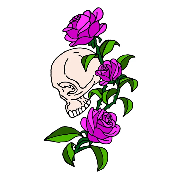 Calavera con rosas sobre fondo blanco. Icono del cráneo. Logo del cráneo. Arte craneal. Tarjeta de cráneo. Cartel del cráneo. Calaveras de dibujos animados. Vector Skull. Ilustración del cráneo. Tatuaje de cráneo. Calavera rosa. Cráneo rosa tattoo.Skull — Archivo Imágenes Vectoriales