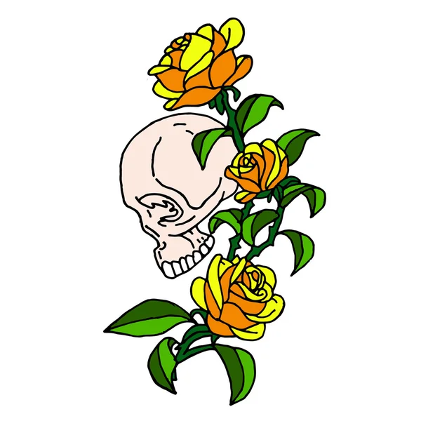 Calavera con rosas sobre fondo blanco. Icono del cráneo. Logo del cráneo. Arte craneal. Tarjeta de cráneo. Cartel del cráneo. Calaveras de dibujos animados. Vector Skull. Ilustración del cráneo. Tatuaje de cráneo. Calavera rosa. Cráneo rosa tattoo.Skull — Vector de stock