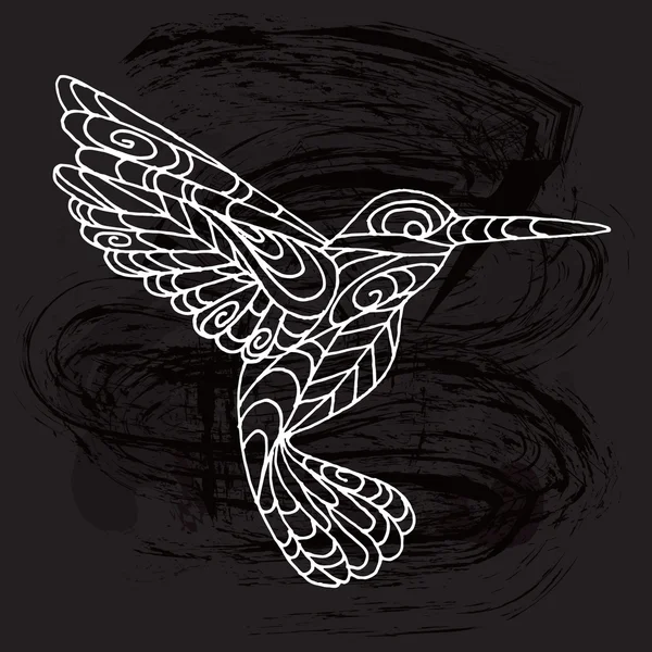 Colibrí sobre fondo negro. Colibrí garabato. Adorno de colibrí. Decoración de colibrí. Esbozo de colibrí. Naturaleza de colibrí. Diseño de colibrí. Textura de colibrí. Colibrí animal — Vector de stock