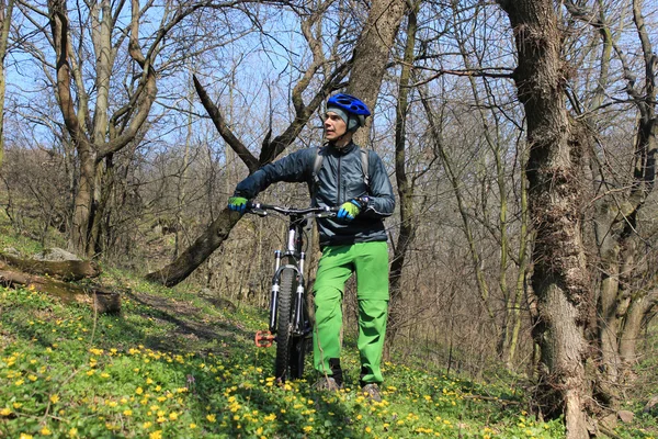 Mans konno po lesie na rowerze górskim w słoneczny dzień — Zdjęcie stockowe