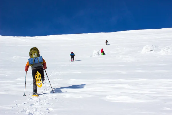 Caminhadas de inverno nas montanhas em sapatos de neve . — Fotografia de Stock