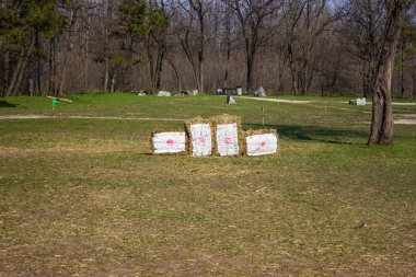Okçuluk hedefe erken baharda ormanda.