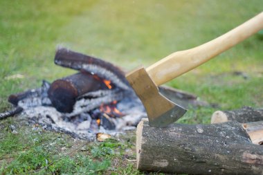 Ormanda bir yangın balta ile yaz aylarında kamp.. 