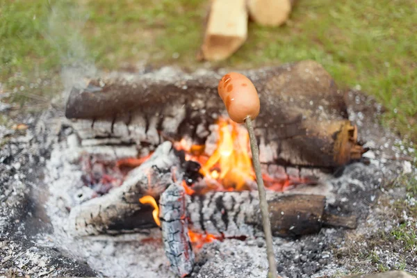 Cucinare un pasto davanti a un caminetto in un campeggio nel bosco . — Foto Stock