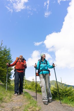 Güneşli yaz gününde bir sırt çantası ile dağlarda hiking