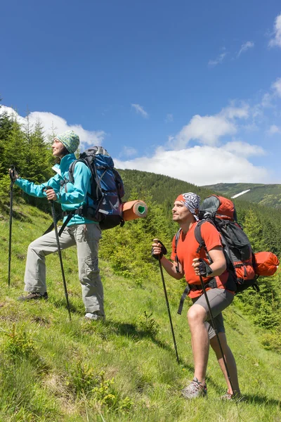 Randonnée dans les montagnes en été par une journée ensoleillée . — Photo