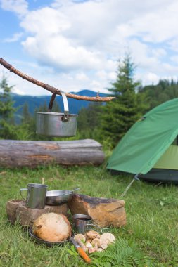 Dağda kamp ve mantar yemek pişirme.