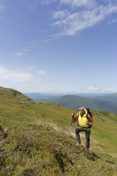 Πεζοπορία στο βουνό με ένα σακίδιο το καλοκαίρι . — Φωτογραφία Αρχείου
