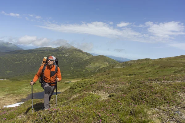 Bir sırt çantası ile dağlarda hiking yaz . 