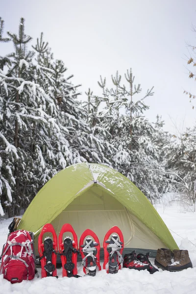 Camping i tält i skogen med en ryggsäck och snöskor. — Stockfoto