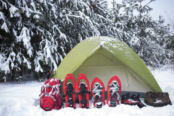 Camping w namiocie w lesie z plecaka i rakiety śnieżne. — Zdjęcie stockowe