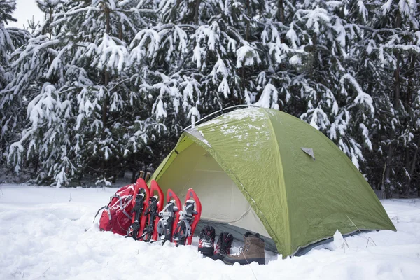 Zelten im Wald mit Rucksack und Schneeschuhen. — Stockfoto