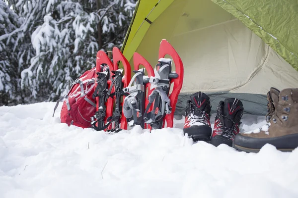 Acampar em uma tenda na floresta com uma mochila e sapatos de neve . — Fotografia de Stock