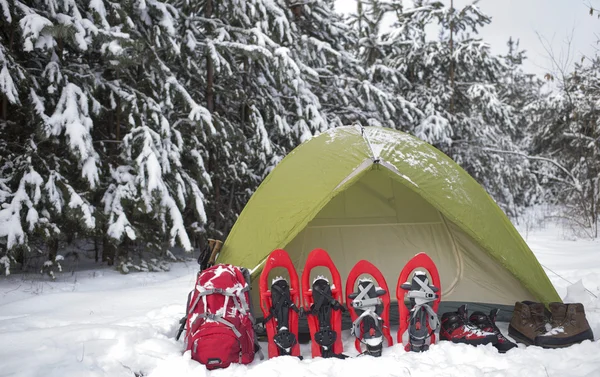 Zelten im Wald mit Rucksack und Schneeschuhen. — Stockfoto