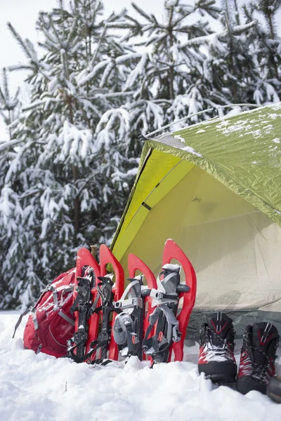 Camping i tält i skogen med en ryggsäck och snöskor. — Stockfoto