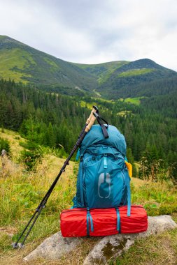 Bir sırt çantası ve çadırla dağlarda yaz yürüyüşü. Güzel dağ manzarası.