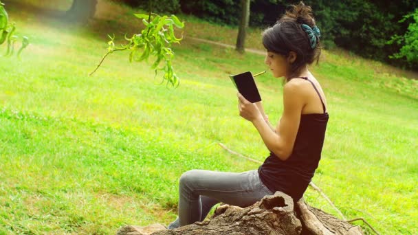 Giovane Donna Che Pianifica Scrive Rivede Diario Parco Cittadino Studente — Video Stock