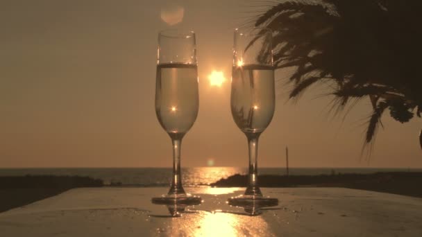 Twee glazen wijn bij de zonsondergang — Stockvideo