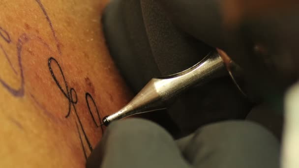 Του τατουάζ καλλιτέχνης, χρησιμοποιώντας την βελόνα και dabing το χρώμα — Αρχείο Βίντεο