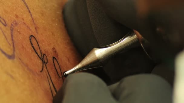 L'artiste de Tatoo utilise l'aiguille et tamponne la couleur — Video