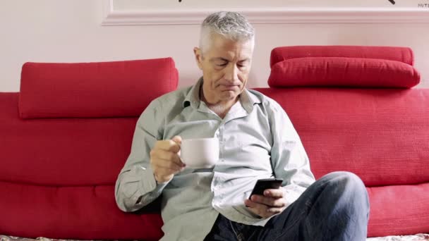 pohledný muž pít čaj na pohovce: červená, domů, sedí, sám, obývací pokoj