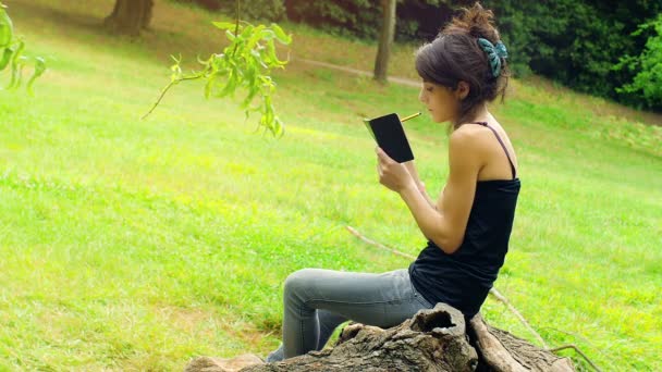 在户外准备考试 漂亮的年轻学生坐在公园时 在记事本上写东西 — 图库视频影像
