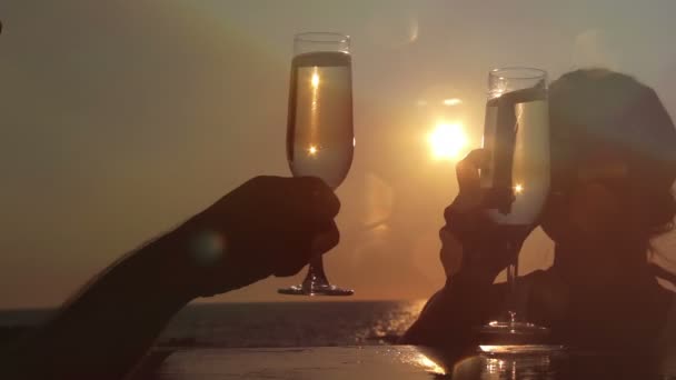 Brindis al atardecer con vino blanco — Vídeos de Stock