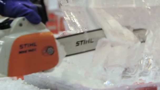 ノミを使って彫る氷彫刻家 — ストック動画