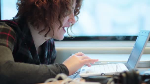 Женщина с ноутбуком в поезде — стоковое видео
