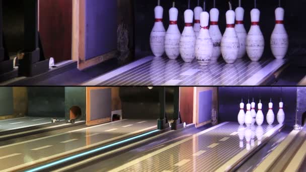 Multiscreen von Bowlingball schlagen Stifte — Stockvideo