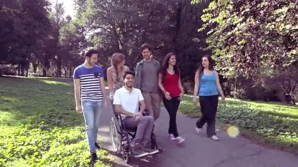 Behinderter junger Mann sitzt mit einer Gruppe Freunde im Park — Stockvideo